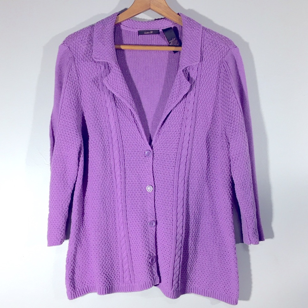 Heather B Lilac Cable Knit Collared V Neck‎ Cardigan Jacket